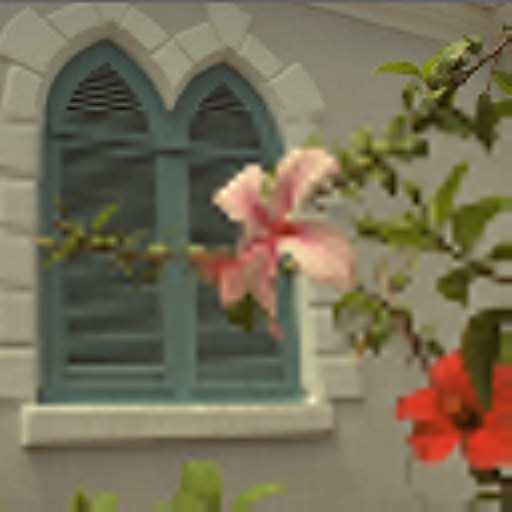 Flowers beside a shuttered window. Watch the petal edges, leaves, and shutter slats. EPICS · row order.